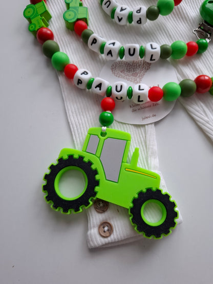 3er Set Schnullerkette Kinderwagenkette & Greifring mit Namen Traktor grün rot
