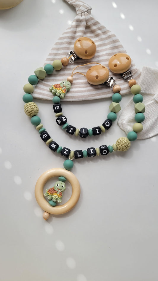 Kinderwagenkette & Schnullerkette mit Namen Schildkröte blaugrün