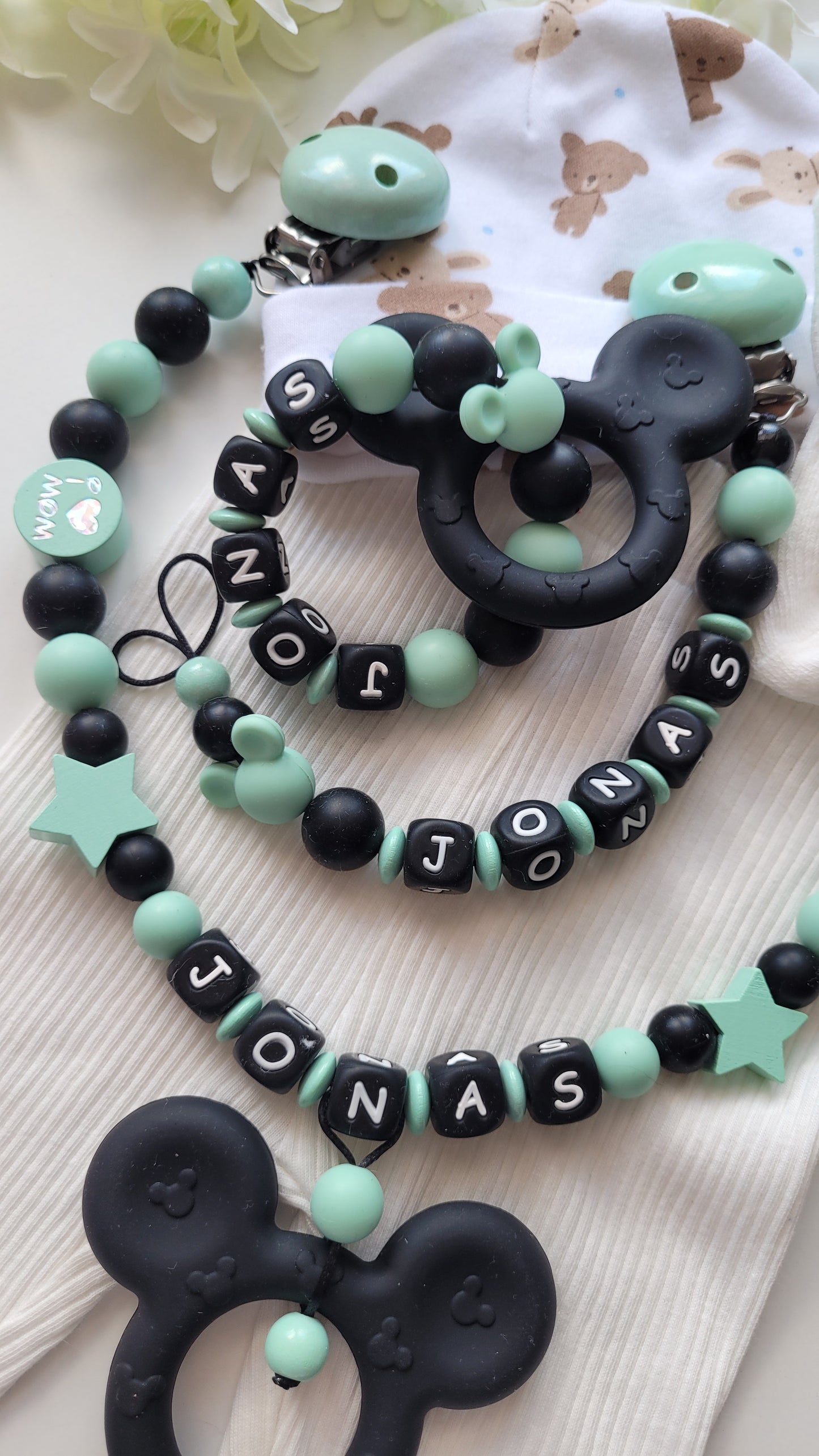 3er Set Schnullerkette, Kinderwagenkette & Greifring mit Namen Maus | mint türkis | JULEVI