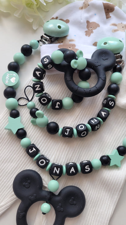 3er Set Schnullerkette, Kinderwagenkette & Greifring mit Namen Maus | mint türkis | JULEVI