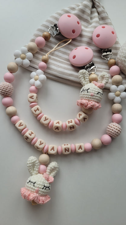 Schnullerkette Kinderwagenkette & Greifring für Mädchen Hase rose holz