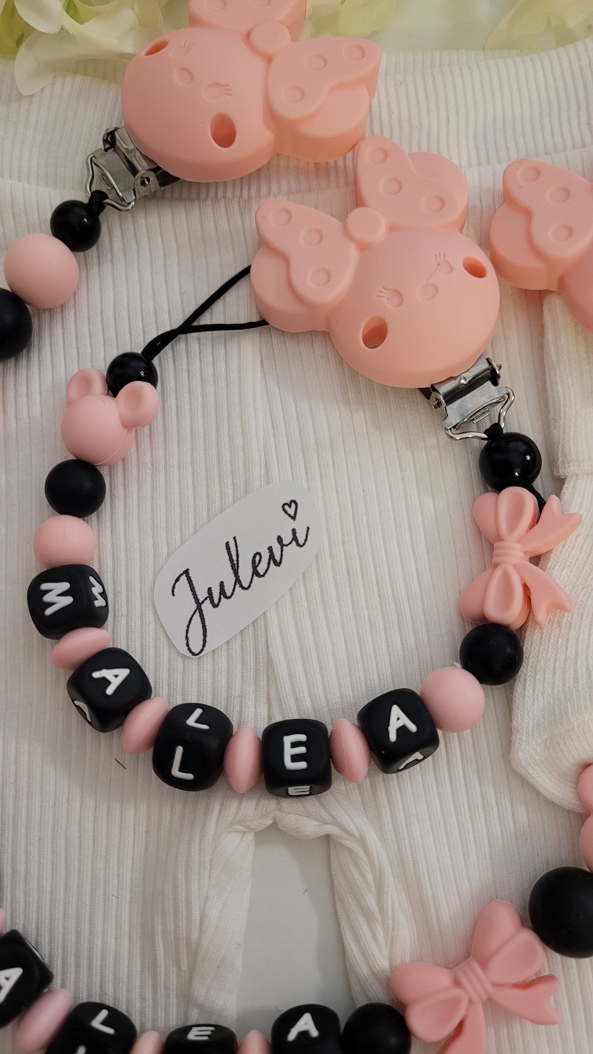 Kinderwagenkette & Schnullerkette Set mit Namen Maus apricot Holz Silikon | personalisiert