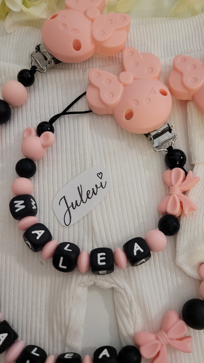 Kinderwagenkette & Schnullerkette Set mit Namen Maus apricot Holz Silikon | personalisiert