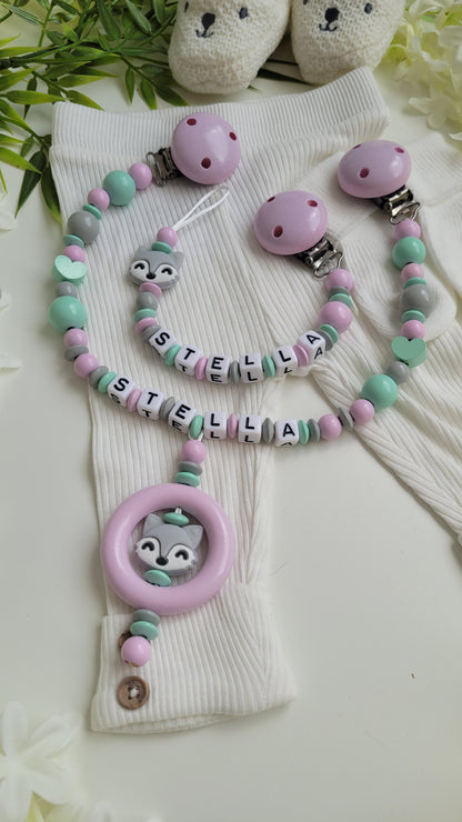 Kinderwagenkette & Schnullerkette mit Namen Fuchs rosa mint grau