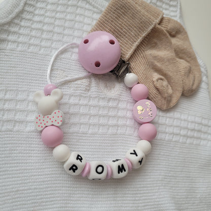 Schnullerkette mit Namen für Mädchen Maus rosa weiss i love Mom und Dad