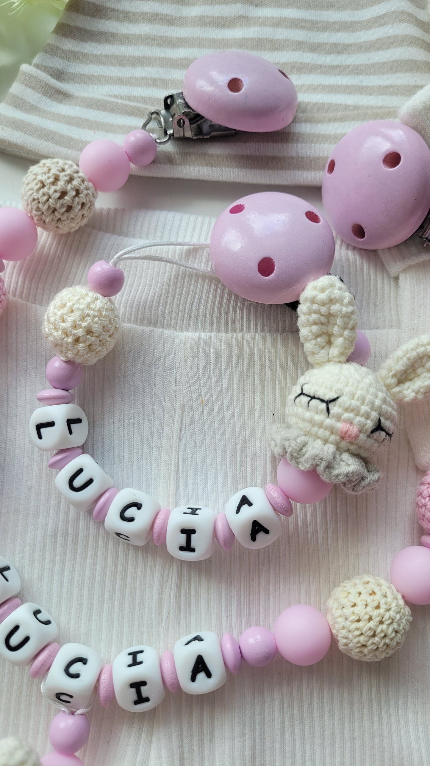 3tlg Set Schnullerkette Kinderwagenkette Beissring Hasen