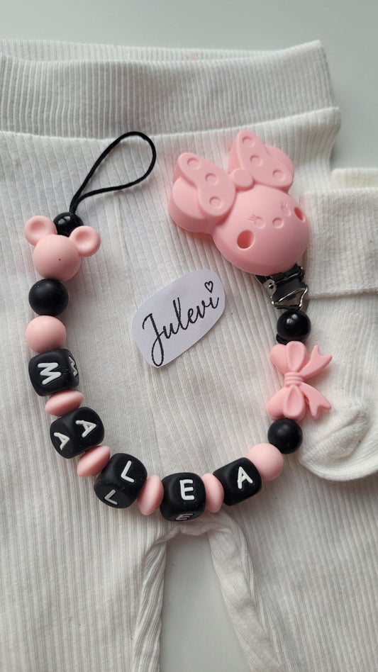 Schnullerkette mit Namen für Mädchen Maus & Schleife apricot schwarz