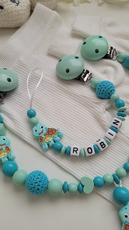 Kinderwagenkette & Schnullerkette mit Namen Schildkröte mint türkis