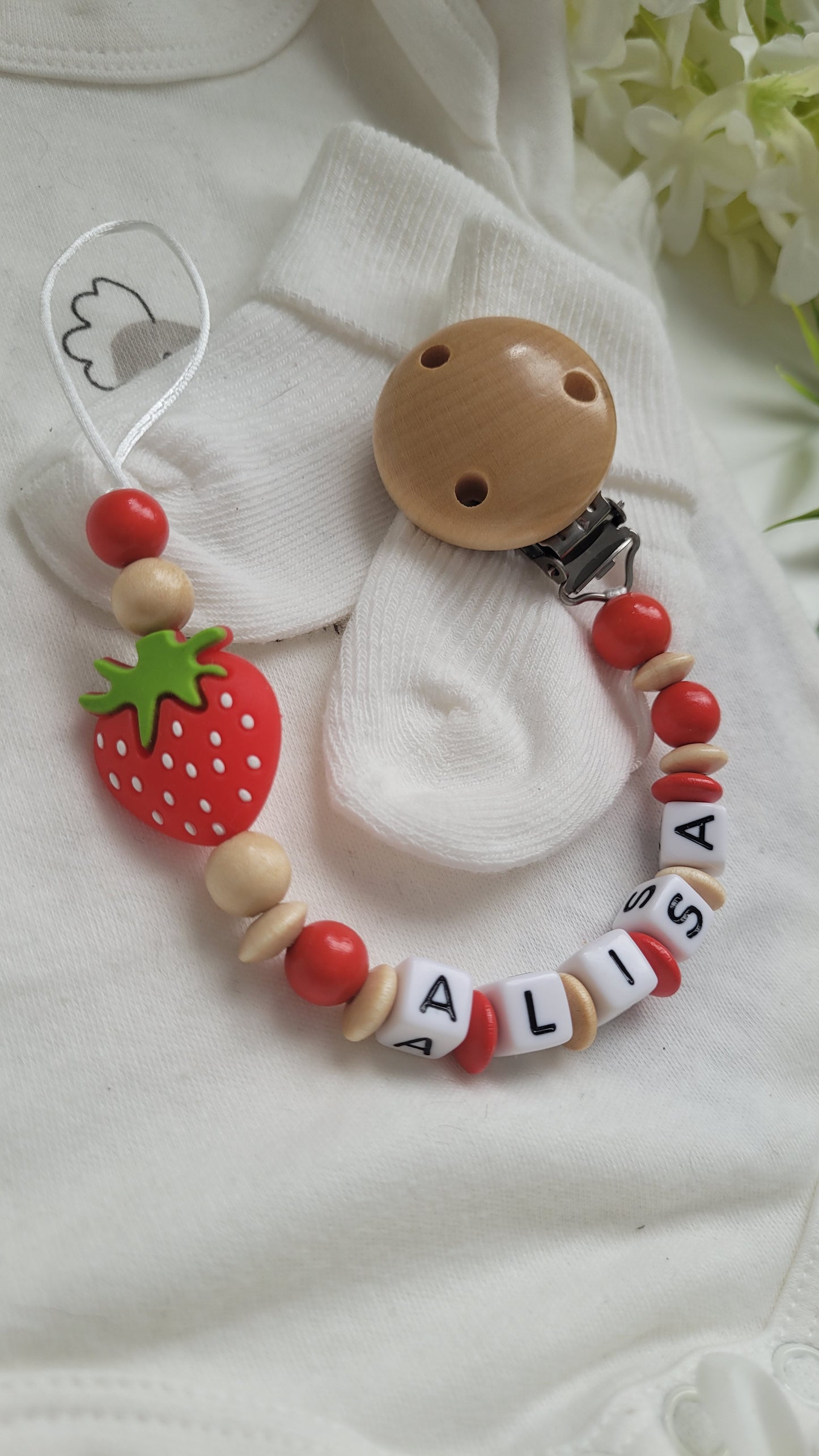 Schnullerkette mit Namen für Mädchen Erdbeere 🍓