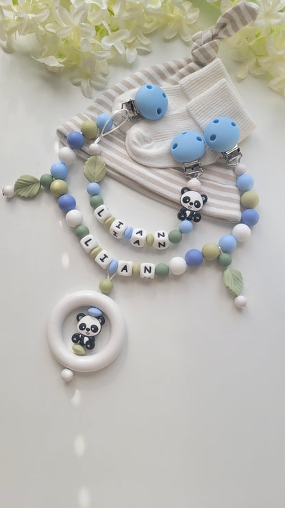 Kinderwagenkette & Schnullerkette mit Namen Panda blau grün weiss