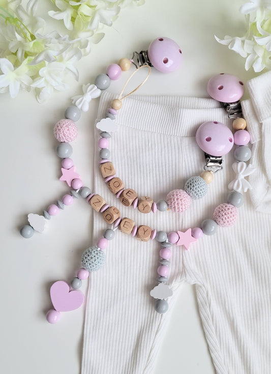 Kinderwagenkette & Schnullerkette mit Namen Rosa Wolke