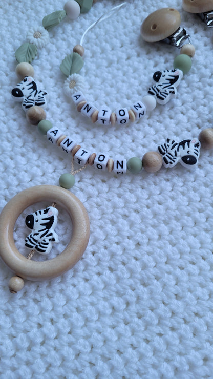 Kinderwagenkette & Schnullerkette Set Baby Zebra holz Salbei grün