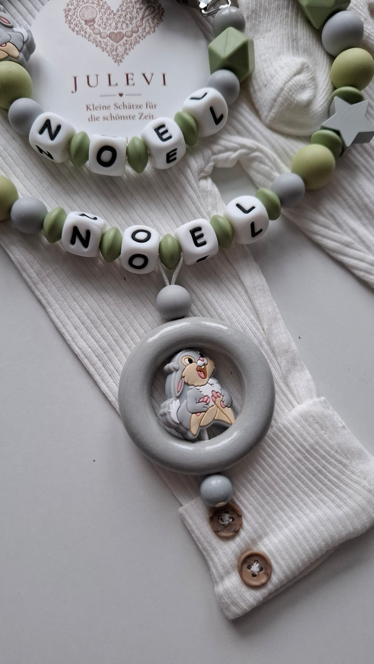 Kinderwagenkette & Schnullerkette Set mit Namen Hase grau grün Silikon | personalisiert
