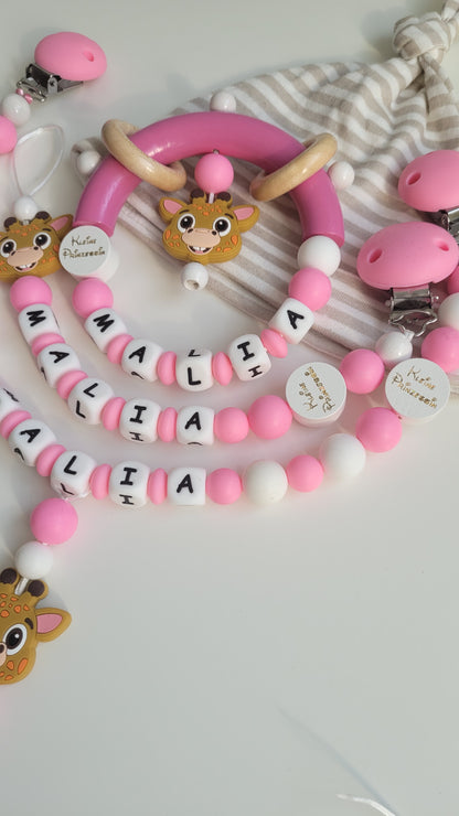 3tlg.Set Schnullerkette Kinderwagenkette & Greifring Giraffe pink