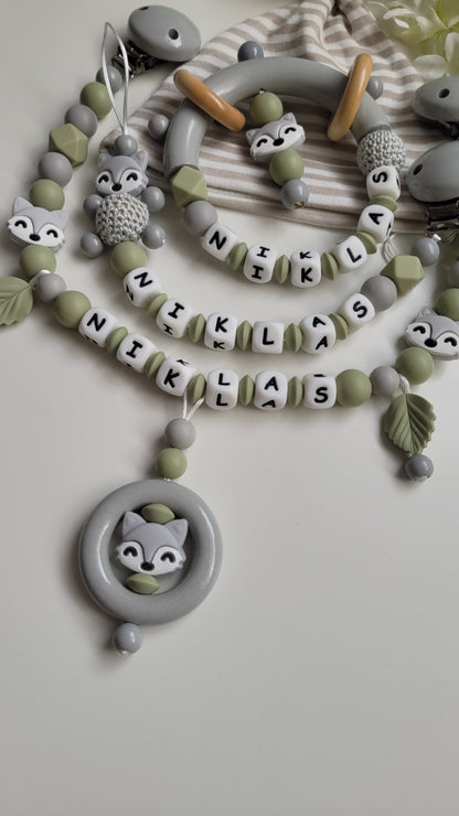 3tlg.Set Schnullerkette Kinderwagenkette & Greifring mit Namen Fuchs grün grau