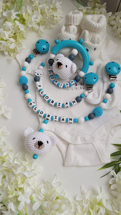 3tlg.Set Schnullerkette Kinderwagenkette & Greifring Bärchen