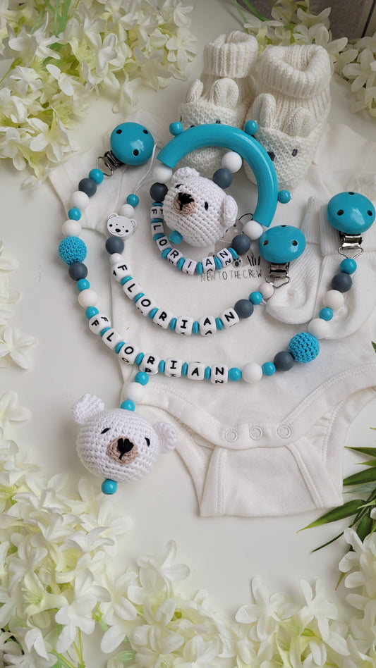 3tlg.Set Schnullerkette Kinderwagenkette & Greifring Bärchen
