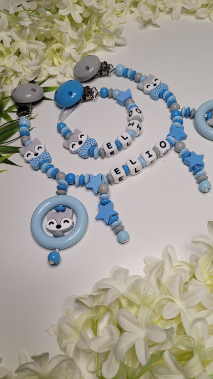 Kinderwagenkette & Schnullerkette Fuchs personalisiert blau grau