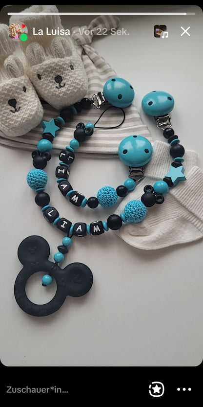 3er Set Schnullerkette Kinderwagenkette & Greifring mit Namen Maus türkis schwarz