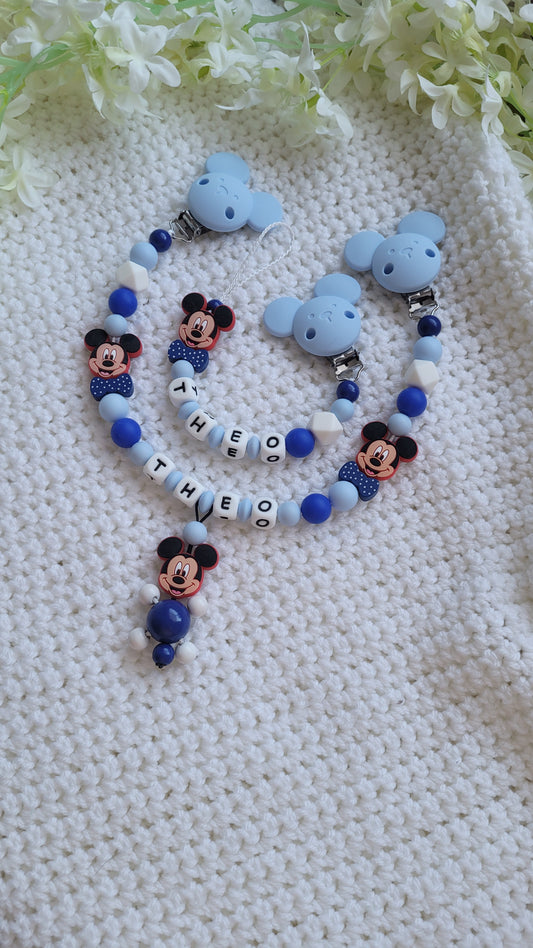 Kinderwagenkette & Schnullerkette mit Namen Maus blau