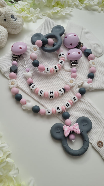 3tlg Set Schnullerkette Kinderwagenkette Greifling Maus grau rosa