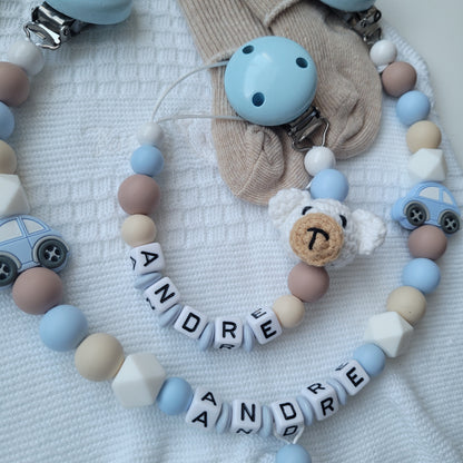 Kinderwagenkette & Schnullerkette mit Namen Auto Teddybear blau beige