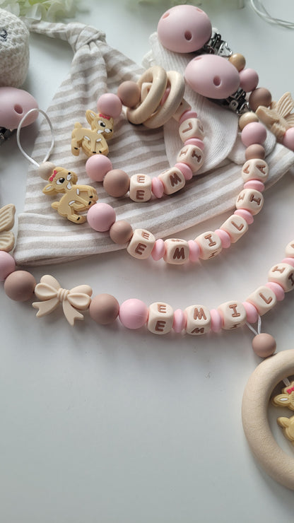 3er Set Schnullerkette Kinderwagenkette & Beissring mit Namen Reh & Schmetterlinge rosa taupe