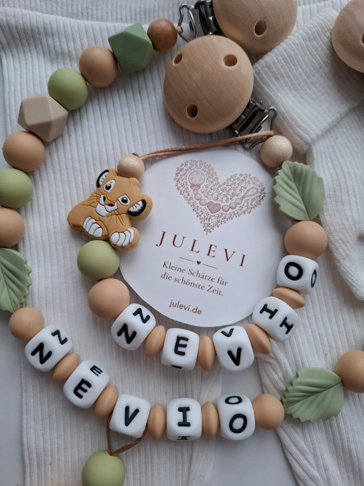 Kinderwagenkette & Schnullerkette Set mit Namen Löwe grün beige Blatt personalisiert