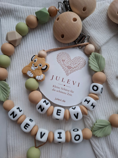 Kinderwagenkette & Schnullerkette Set mit Namen Löwe grün beige Blatt personalisiert