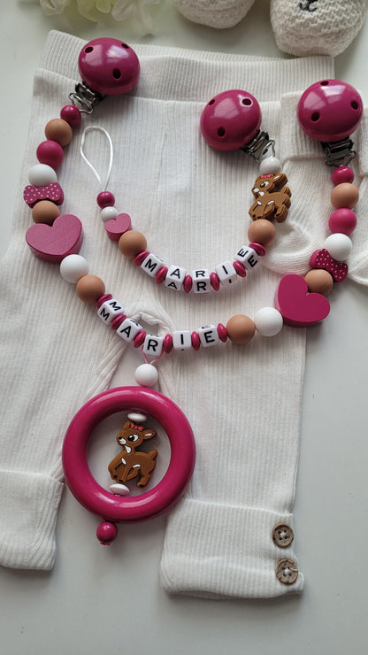 3er Set Schnullerkette Kinderwagenkette & Greifring mit Namen Rehe & Herzen