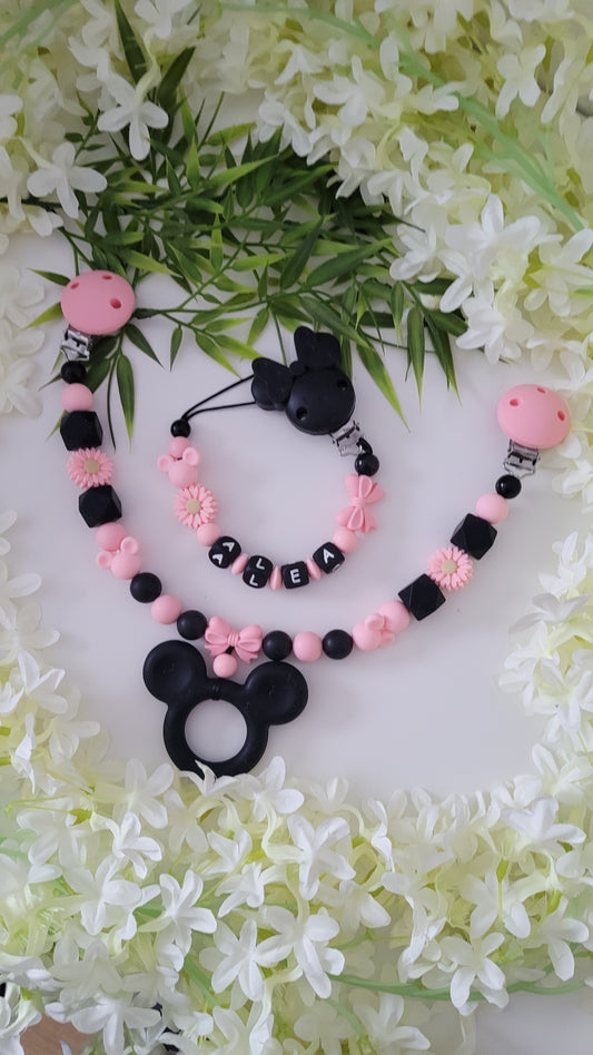 Kinderwagenkette & Schnullerkette *Minnie* rosa schwarz