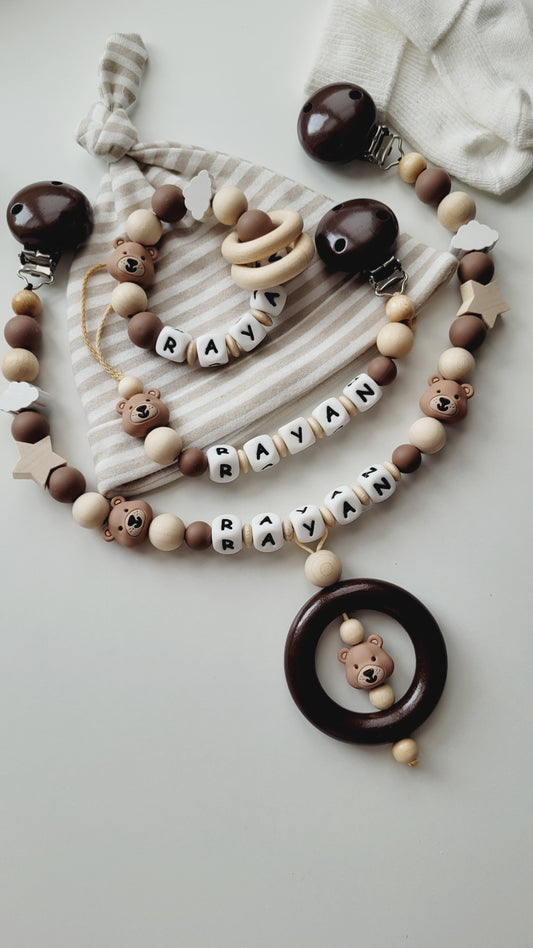 3er Set Schnullerkette Kinderwagenkette & Beissring mit Namen Teddybär Sterne & Wolken beige braun