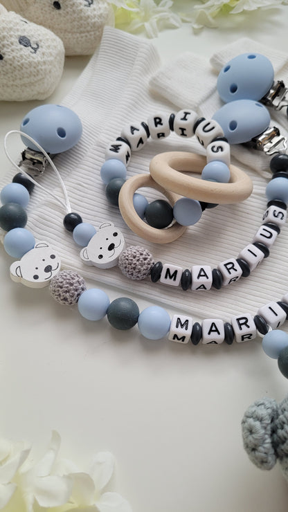 3tlg Set Schnullerkette Kinderwagenkette Greifling Bärchen blau weiss