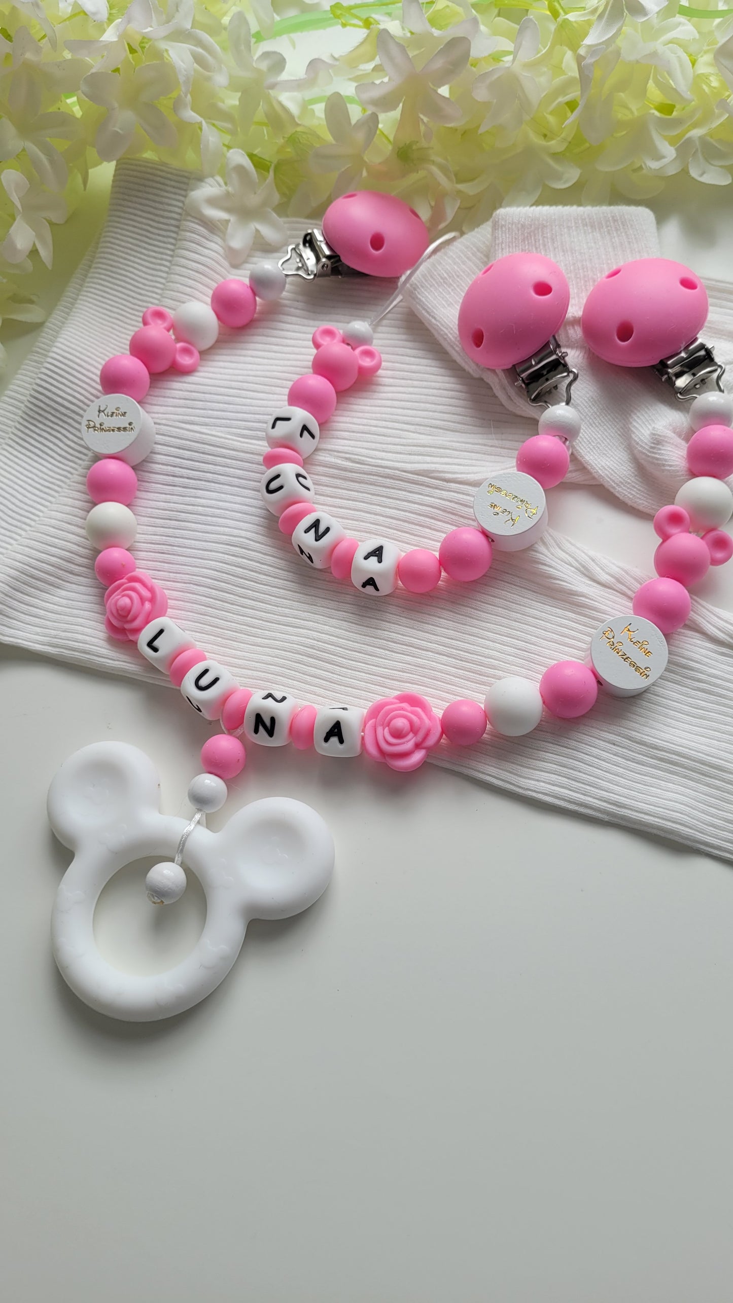 Kinderwagenkette & Schnullerkette mit Namen Minnie Maus kleine Prinzessin