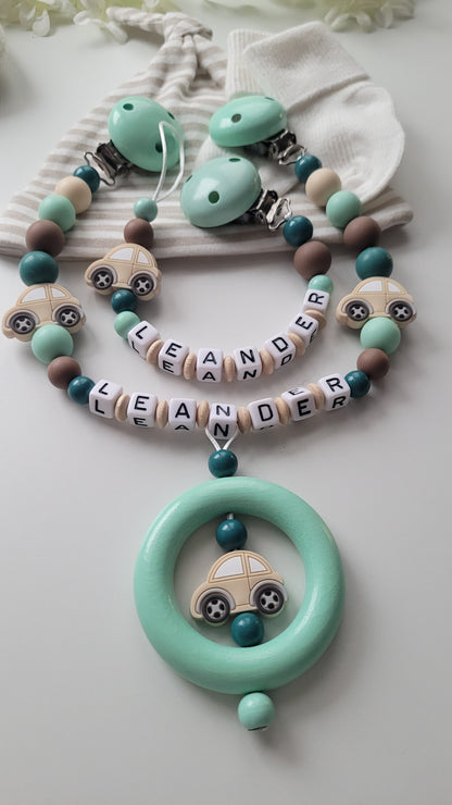 Kinderwagenkette & Schnullerkette Set mit Namen | Auto | Mint · Petrol · Weiß