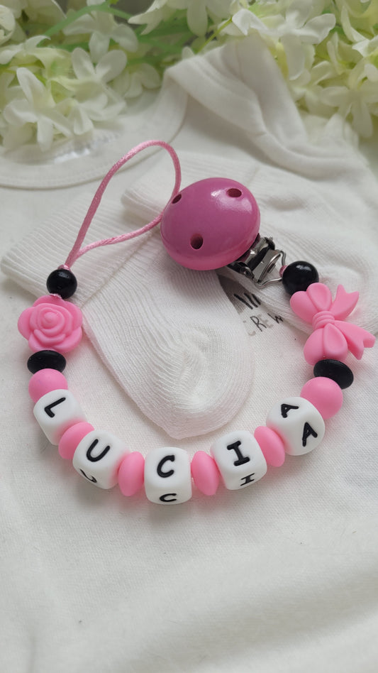 Schnullerkette mit  Namen für Mädchen *Rose* schwarz pink