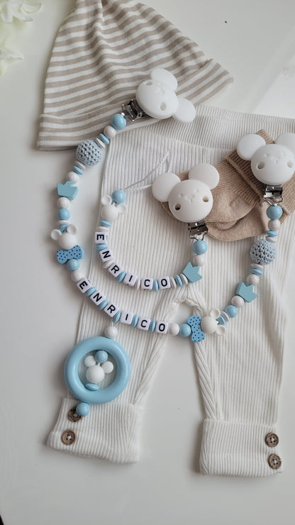 Kinderwagenkette & Schnullerkette mit Namen *Maus*  hellblau weiss