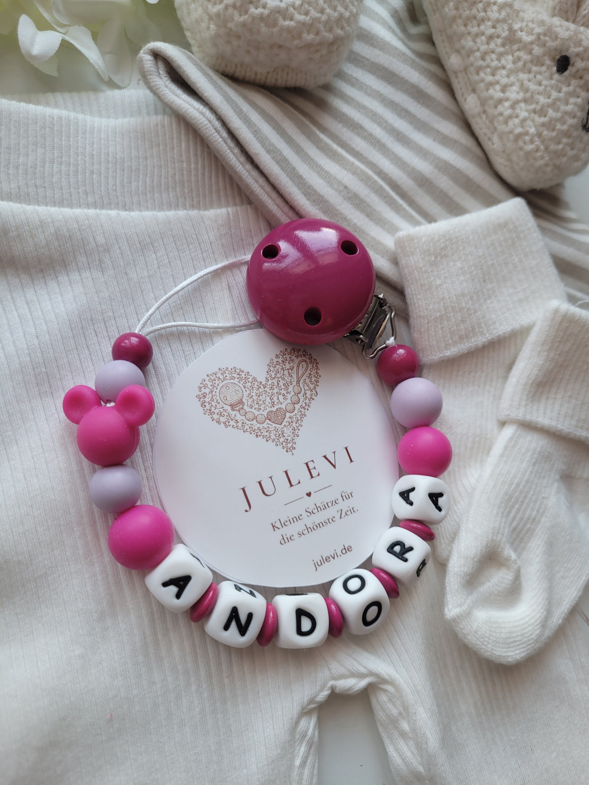 Schnullerkette mit Namen für Mädchen Maus flieder pink personalisiert