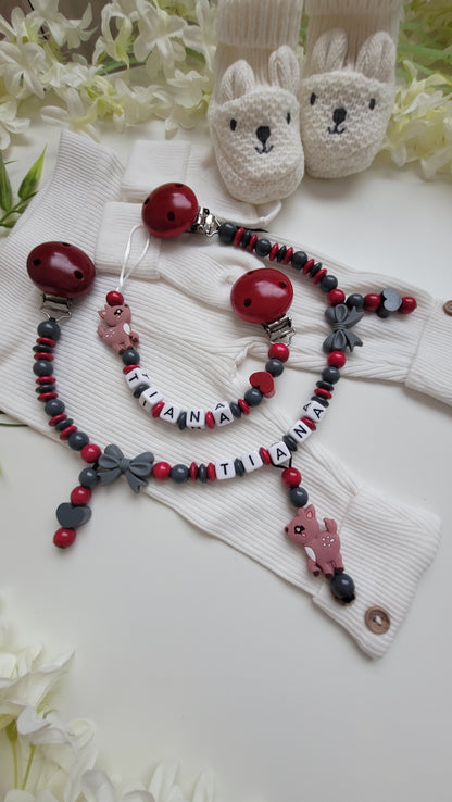 Kinderwagenkette & Schnullerkette mit Namen Rehkitz bordaux grau
