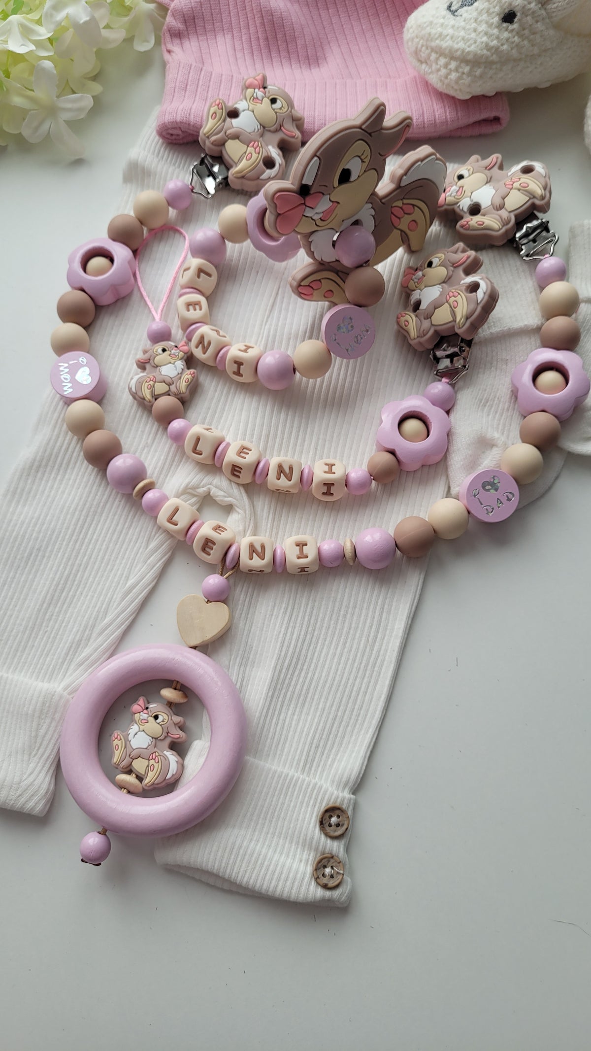 3tlg Set Schnullerkette Kinderwagenkette Beissring Hase & Blumen rosa taupe