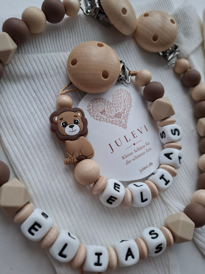 Kinderwagenkette & Schnullerkette Set mit Namen Löwe beige braun Holz Blatt personalisiert