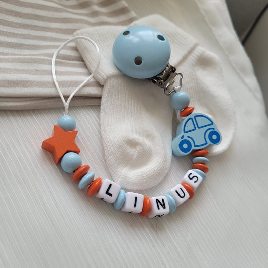Schnullerkette für Jungen mit Namen Auto & Stern orange blau