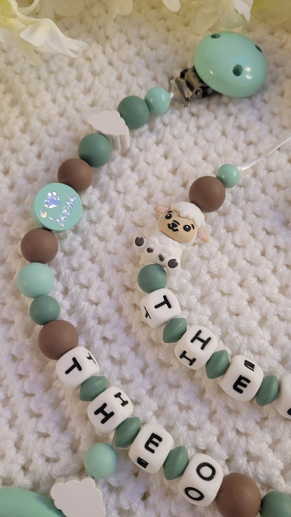 Kinderwagenkette & Schnullerkette Set Baby Schäfchen für Jungen braun mint grün