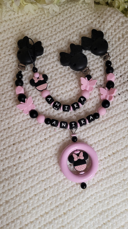 Kinderwagenkette & Schnullerkette mit Namen Minnie Rose Black
