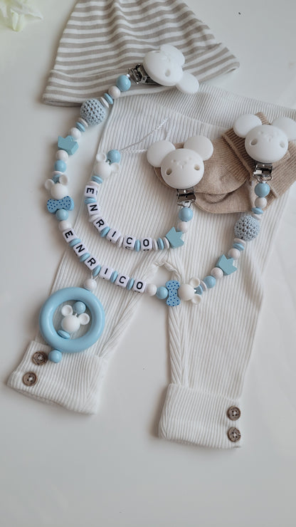 Kinderwagenkette & Schnullerkette mit Namen *Maus*  hellblau weiss