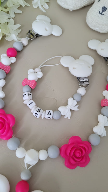 Schnullerkette mit Namen für Mädchen Maus & Schleife grau pink