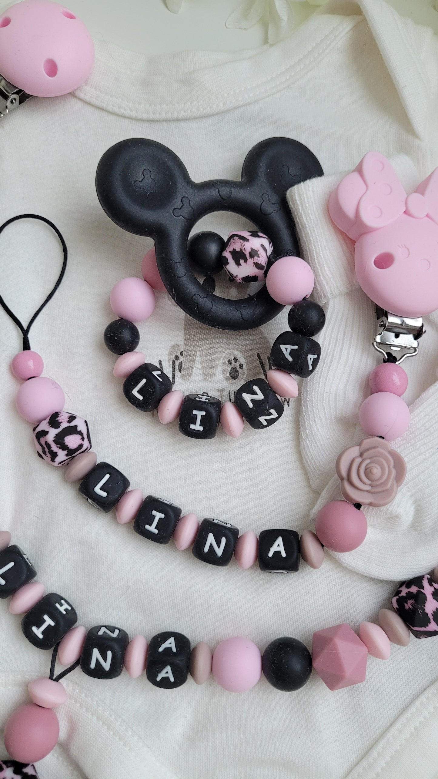 3tlg Set Minnie Maus Maus rosa Personalisierte Schnullerkette & Kinderwagenkette inkl. Beissring mit Wunschnamen