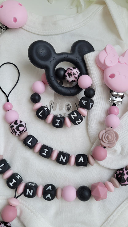 3tlg Set Minnie Maus Maus rosa Personalisierte Schnullerkette & Kinderwagenkette inkl. Beissring mit Wunschnamen