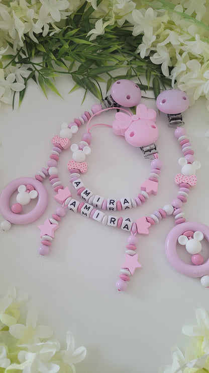 Kinderwagenkette & Schnullerkette Prinzessin Minnie mit Namen für Mädchen
