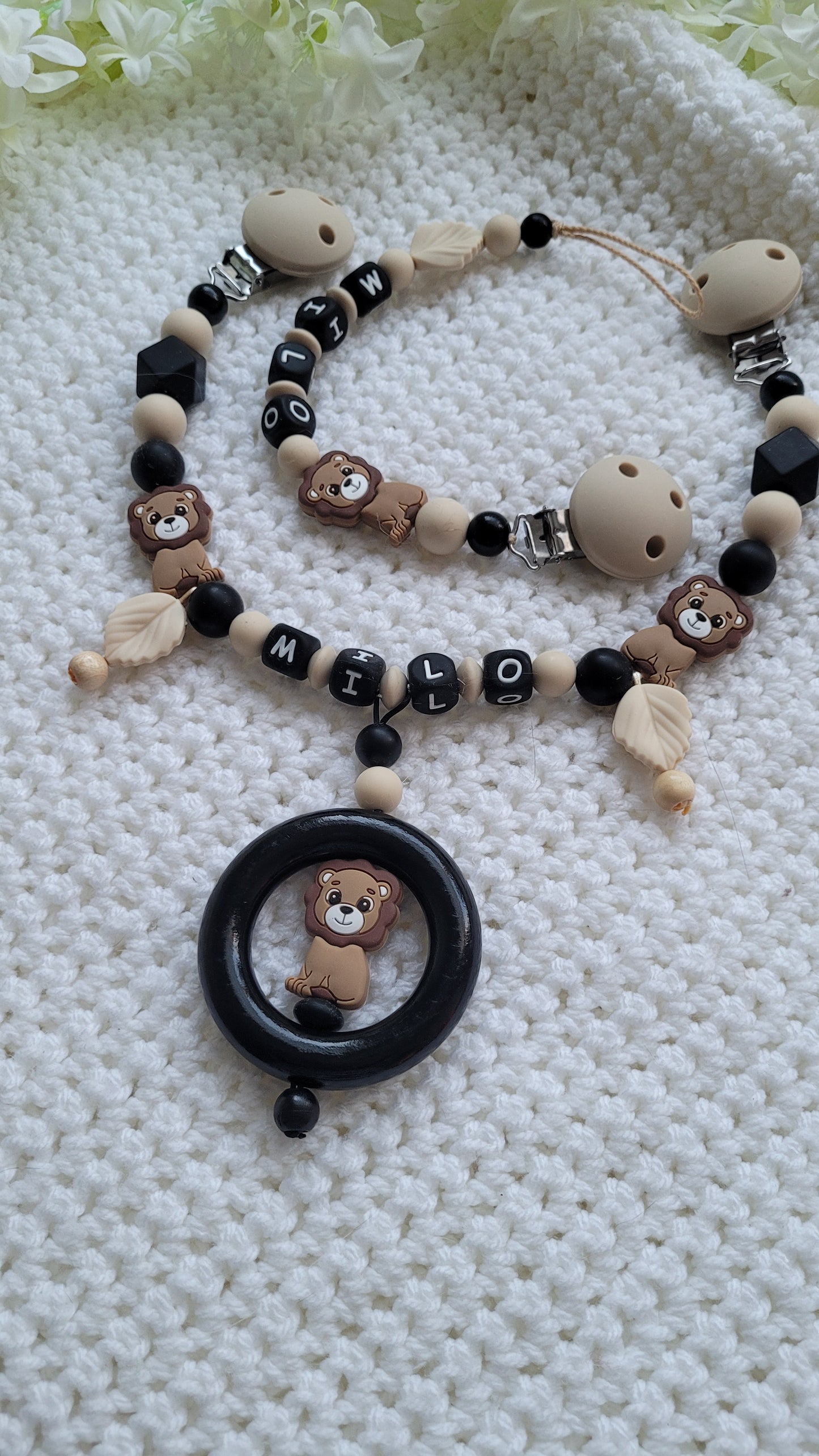 Kinderwagenkette & Schnullerkette Set Baby Löwe beige schwarz